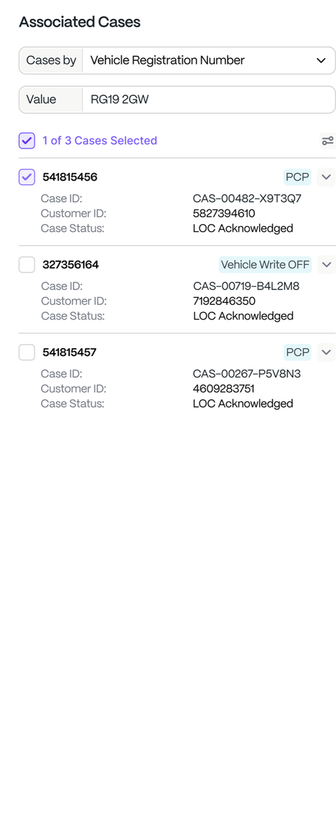 The cases associated with a vehicle registration, each with its case and customer numbers