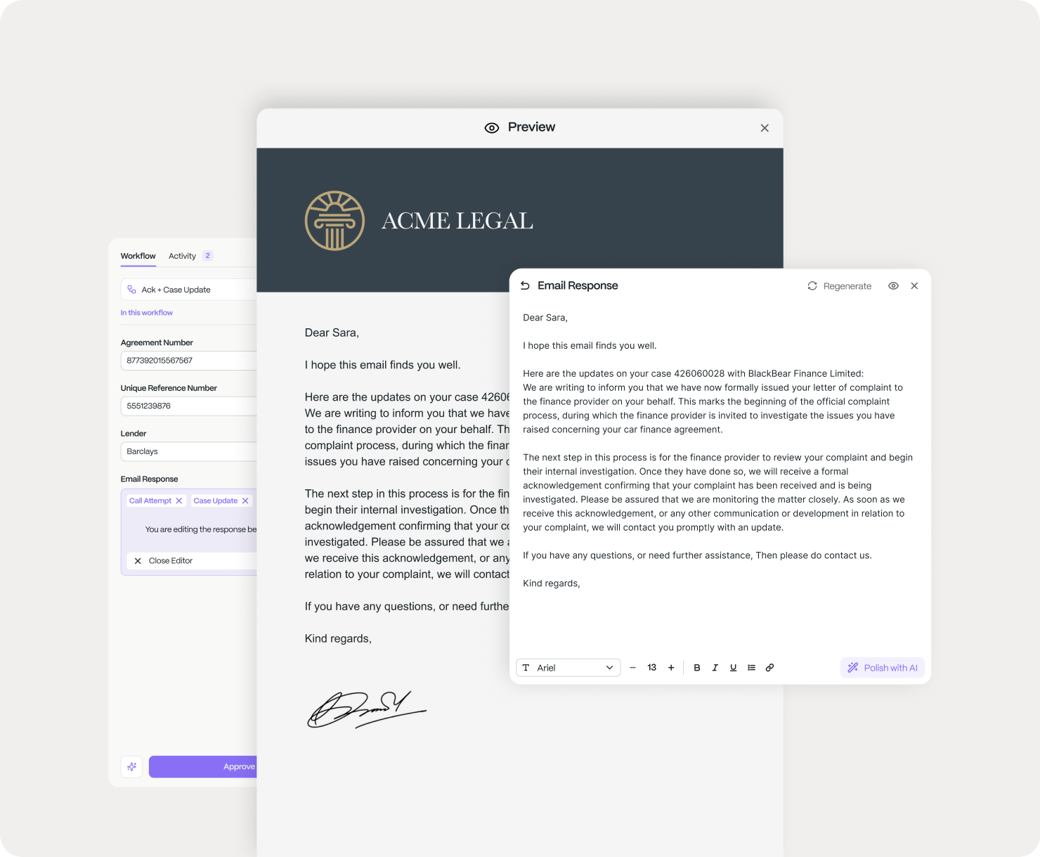 A client update drafted on the firm’s letterhead, ready for a paralegal to approve