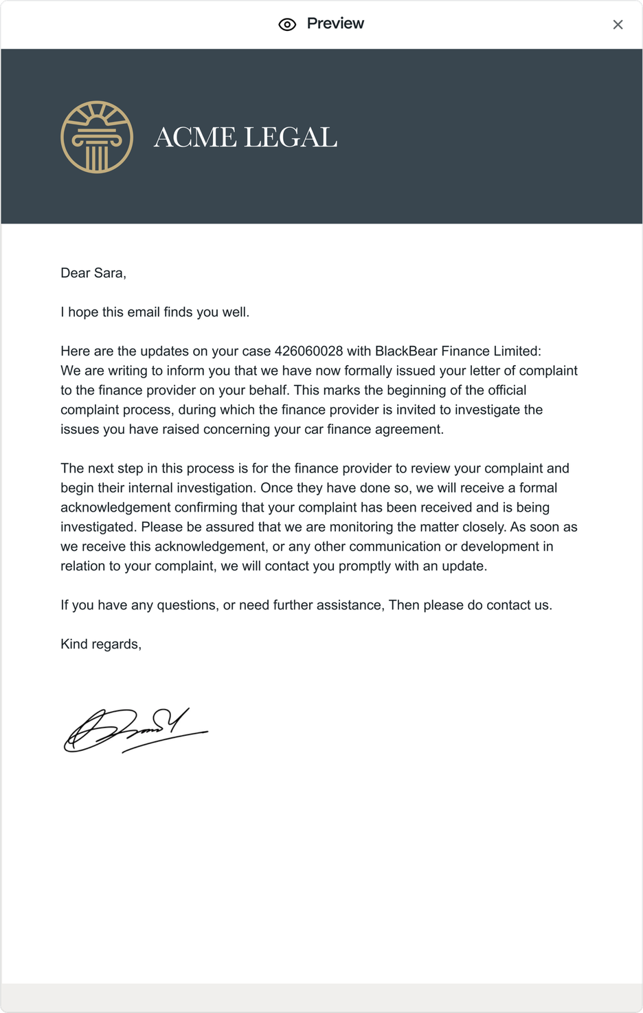 A client case update drafted on the firm’s letterhead, shown in preview