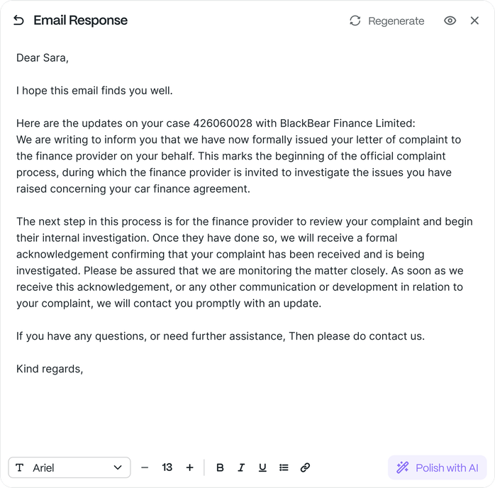 The drafted email reply, ready for a paralegal to approve