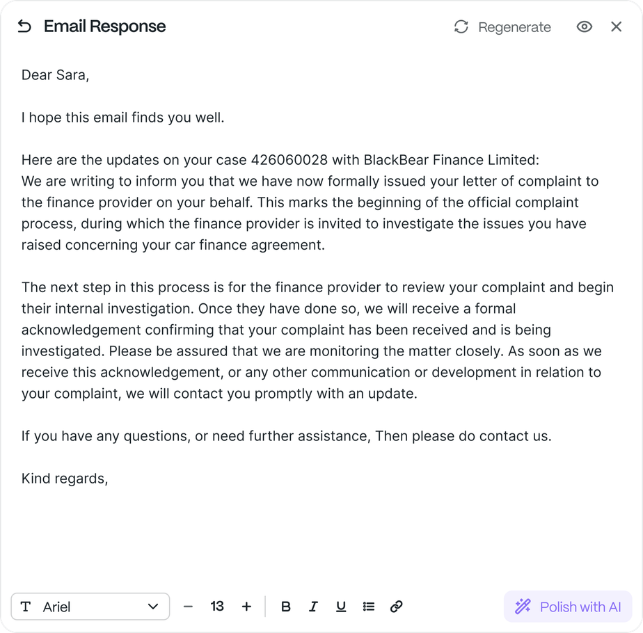 A drafted email to a client about the progress of their complaint