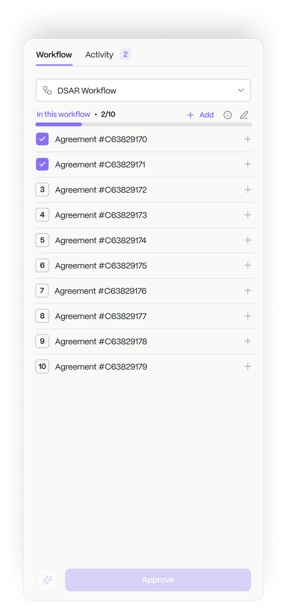 A DSAR workflow listing every agreement found in the document, each ticked as checked