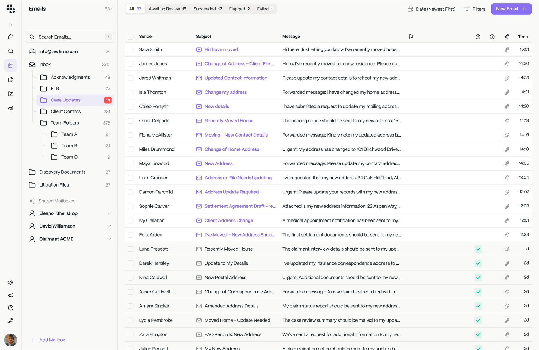 Claim Inbox’s email queue, with inbound mail sorted into case folders and its review status
