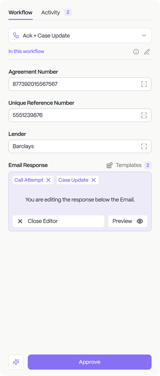 A drafted client update beside its branded preview, waiting for a person to approve it