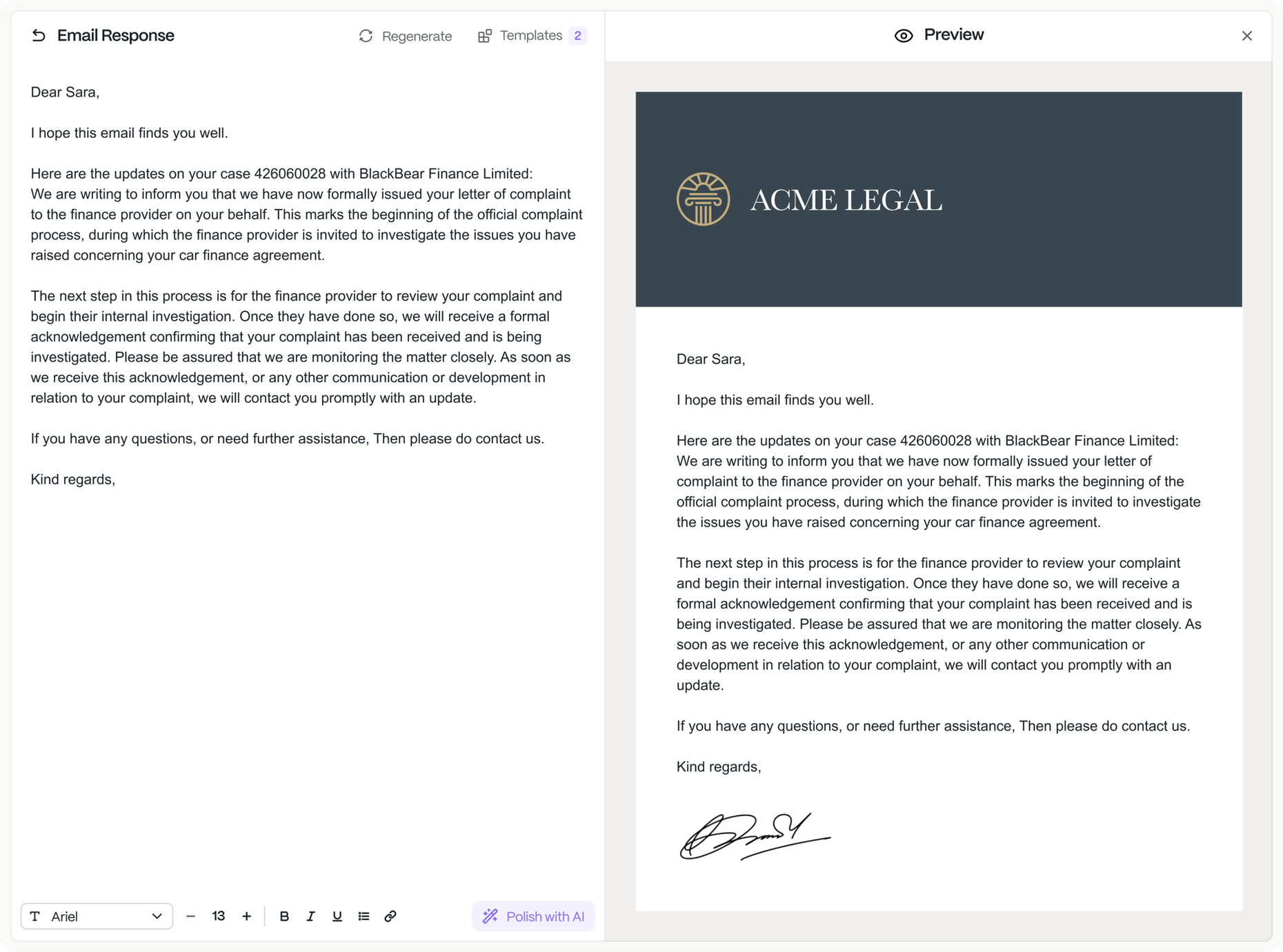 A client update drafted from the case file in Claim Inbox, beside the firm’s branded email preview