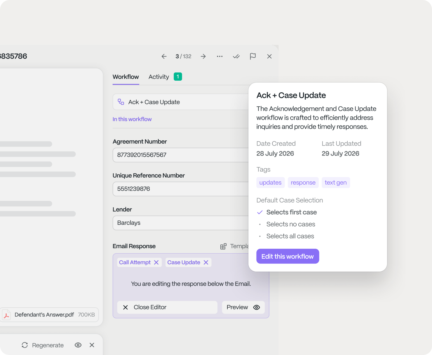 The Acknowledgement and Case Update workflow open beside a case, its email response ready to edit